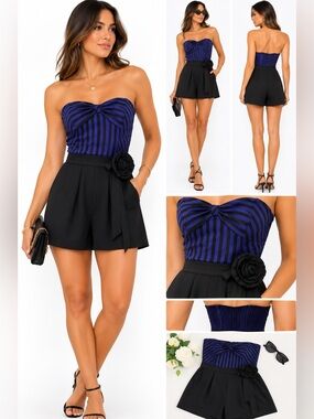 Anthropologie “Maeve” Blue & Black Tie-Waist Romper